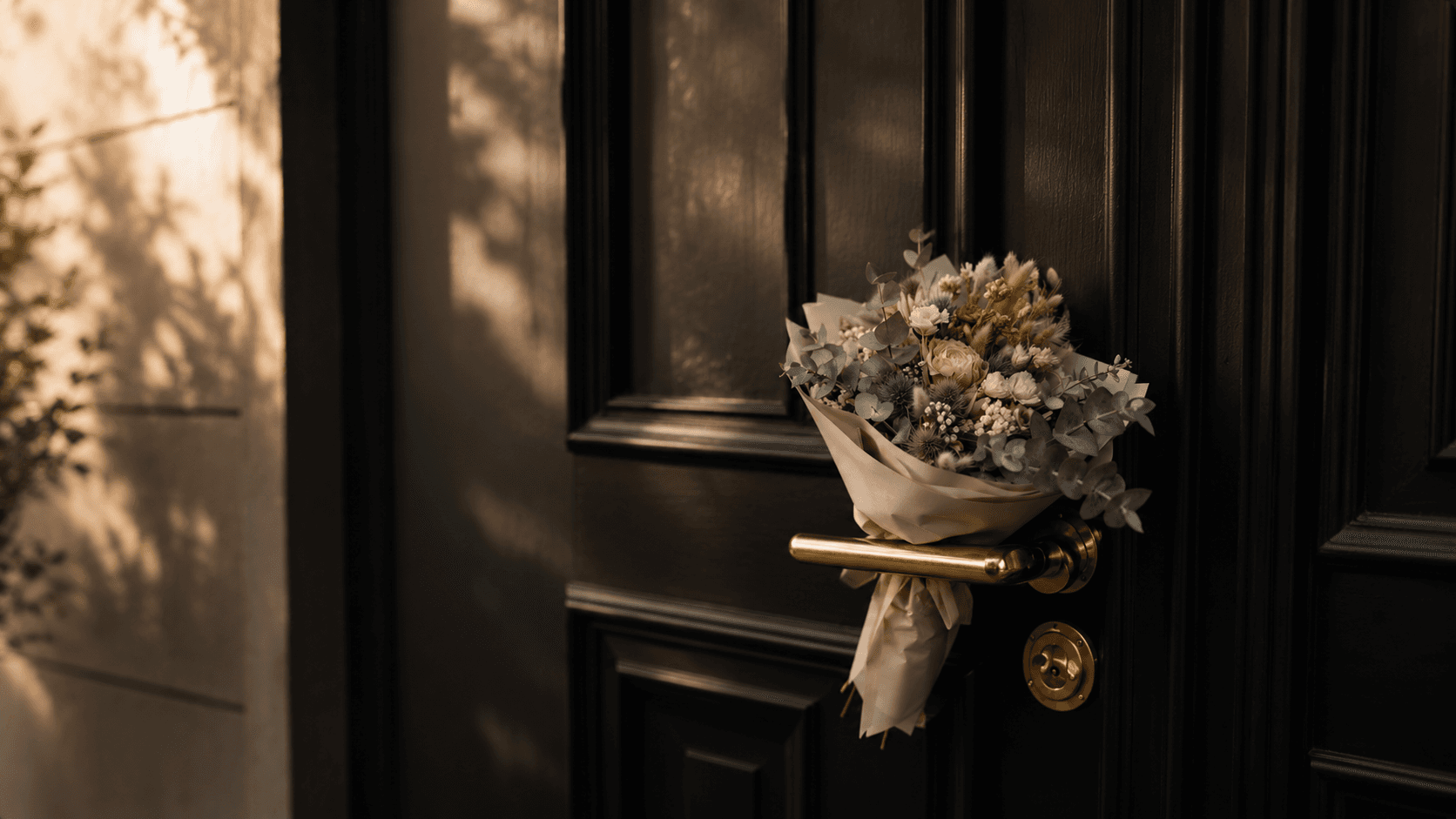 A wrapped bouquet resting on the handle of a black door